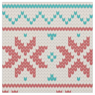 Nordic Winter Sweater Faux Knit Aqua & Red Pattern Fabric