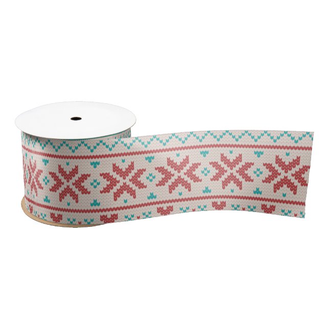 Nordic Winter Sweater Faux Knit Aqua & Red Pattern Satin Ribbon (Spool)