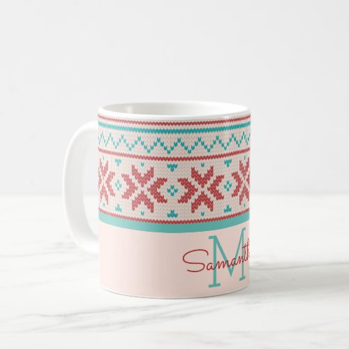 Nordic Winter Sweater Faux Knit Pattern Monogram Coffee Mug