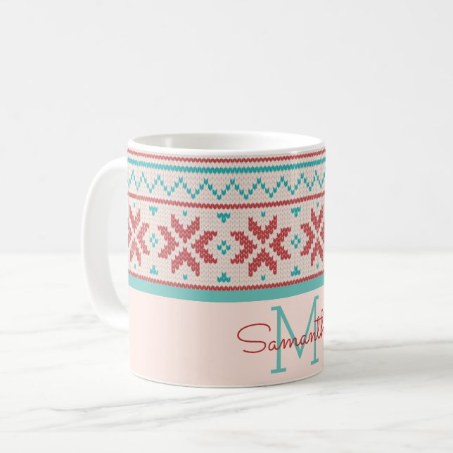 Nordic Winter Sweater Faux Knit Pattern Monogram Coffee Mug (Front Left)