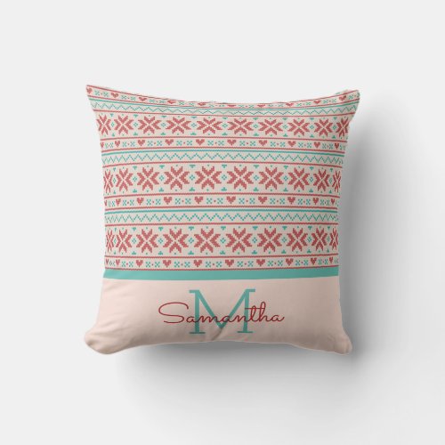 Nordic Winter Sweater Faux Knit Pattern Monogram Throw Pillow