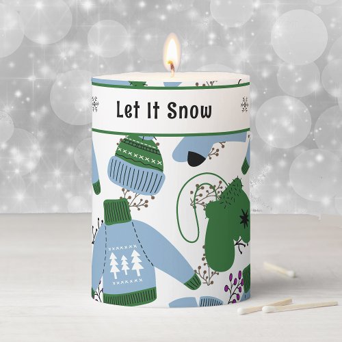 Nordic Winter Sweaters and Mittens Blue Pillar Candle