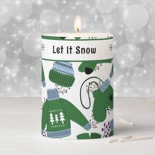 Nordic Winter Sweaters and Mittens Green Pillar Candle