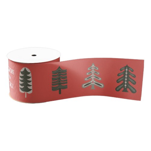 Nordic Winter Trees with Custom Greeting on Red Grosgrain Ribbon