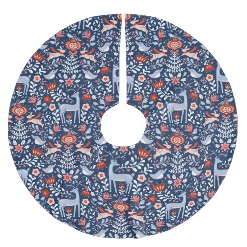 Nordic Woodland Animals Blue Pattern Brushed Polyester Tree Skirt