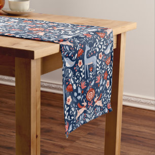 Nordic Woodland Animals Blue Pattern Short Table Runner