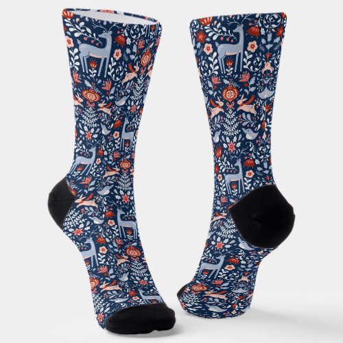 Nordic Woodland Animals Blue Pattern Socks