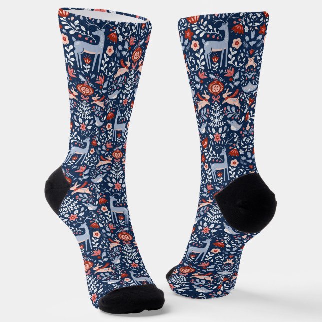 Nordic Woodland Animals Blue Pattern Socks (Angled)