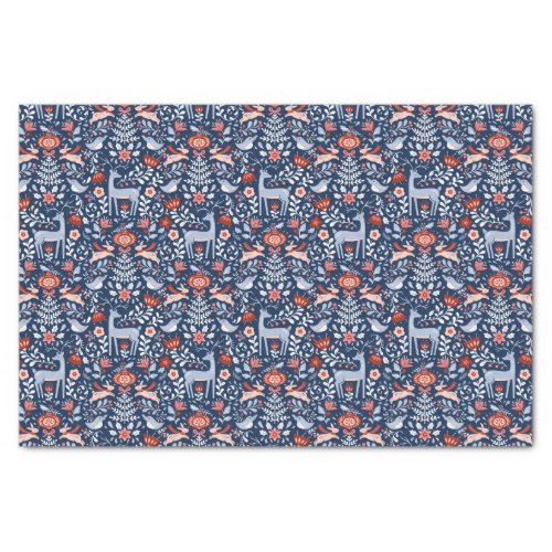 Nordic Woodland Animals Blue Pattern Tissue Paper