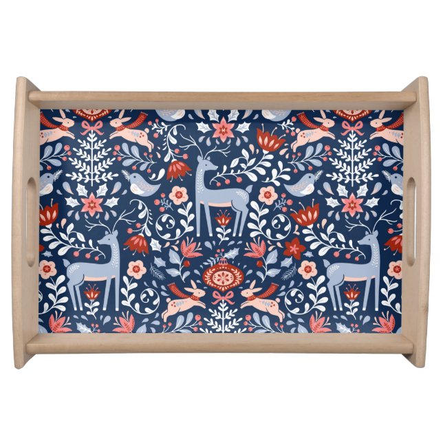 Nordic Woodland Animals Christmas Blue Pattern Serving Tray (Front)