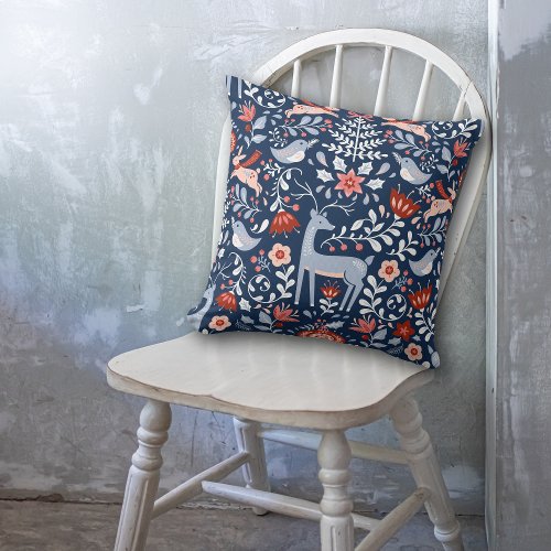 Nordic Woodland Animals Pattern on Navy Blue Throw Pillow