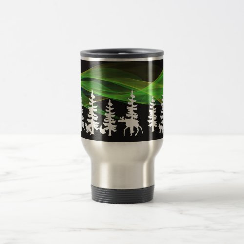 Nordic woods in white with northern lights travel mug