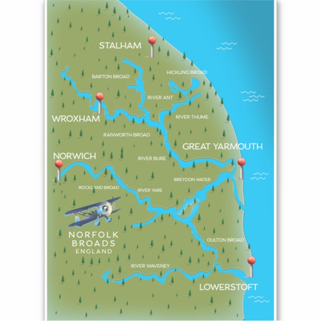 Norfolk Broads England Map. Sticker (Front)