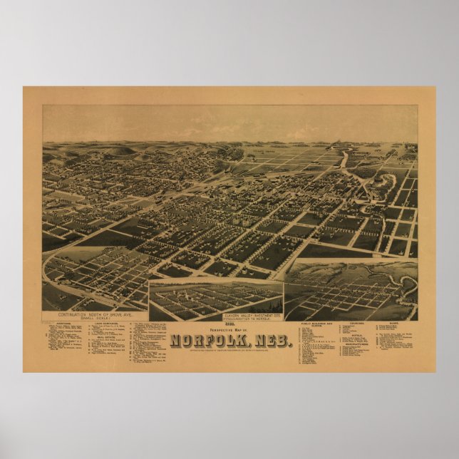 Norfolk Nebraska 1889 Antique Panoramic Map Poster (Front)
