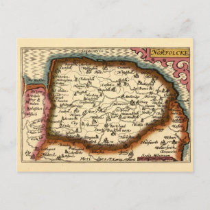 Norfolk "Norfolcke" County England Old Atlas Map Postcard