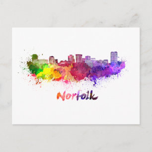 Norfolk skyline in watercolor postcard