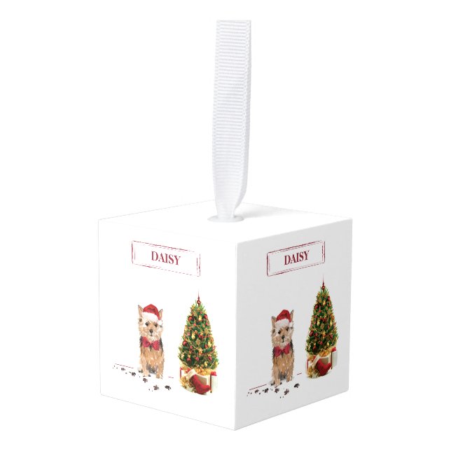 Norfolk Terrier Funny Christmas Dog with Tree Cube Ornament (Front Angled)