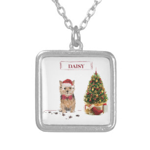 Norfolk Terrier Funny Christmas Dog with Tree Silver Plated Necklace