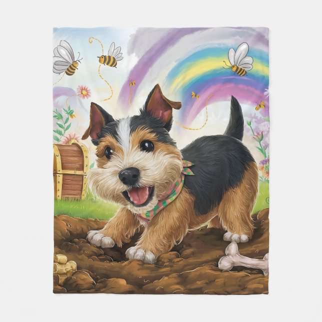 Norfolk Terrier Playing with Bone Fleece Blanket (Front)