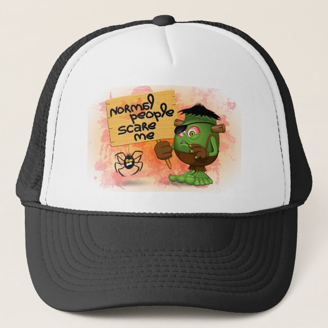 'Normal People Scare Me' Frankenstein Character Trucker Hat (Front)