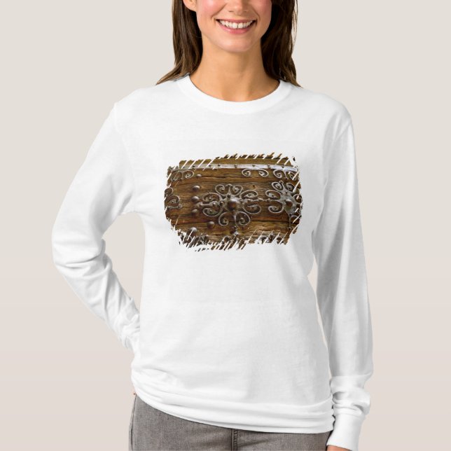 Norman iron scroll work on wooden door T-Shirt (Front)