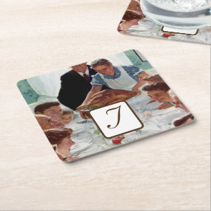 Norman Rockwell Monogrammed Thanksgiving Square Paper Coaster