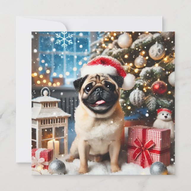 Norman T Pug Snowy  Holiday Card (Front)