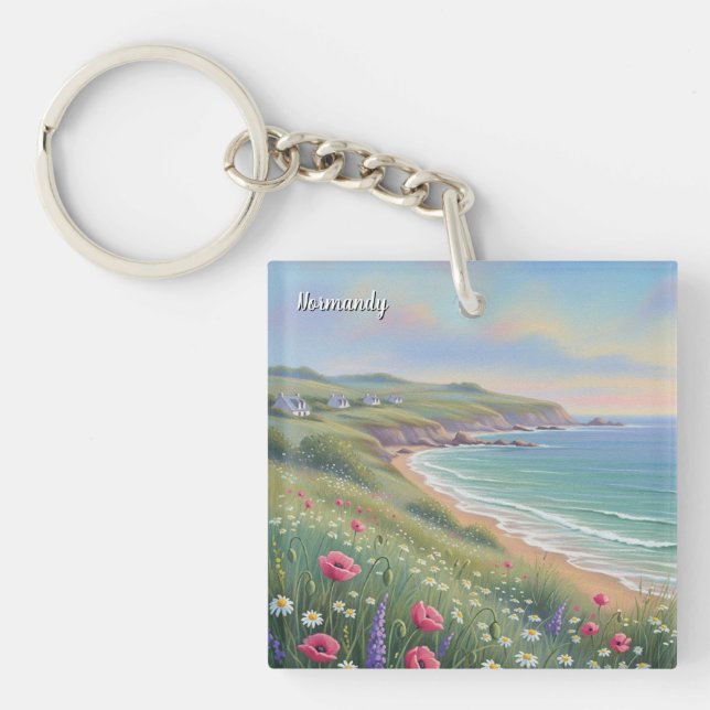 Normandy France Étretat Cliffs Wildflowers Keychain (Front)