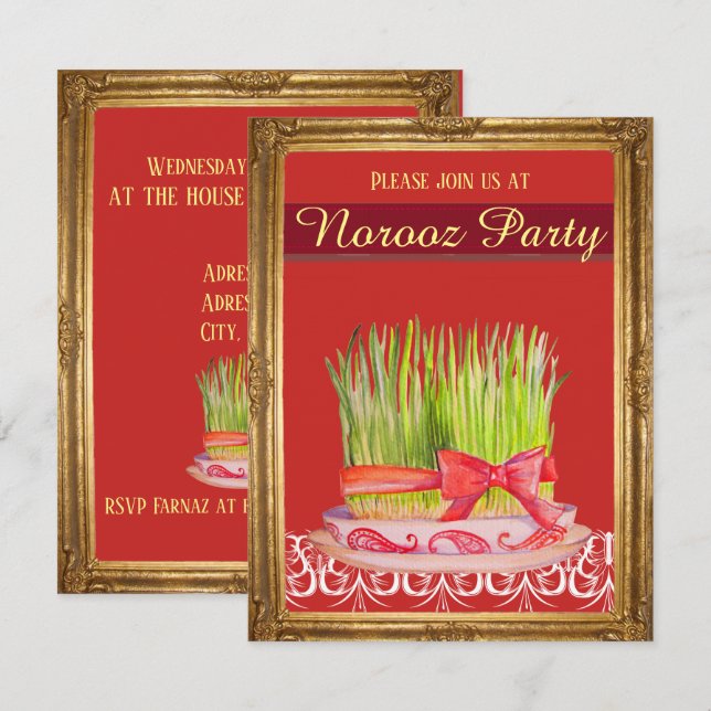 Norooz party Red Sabzeh wheatgrass Invitation (Front/Back)