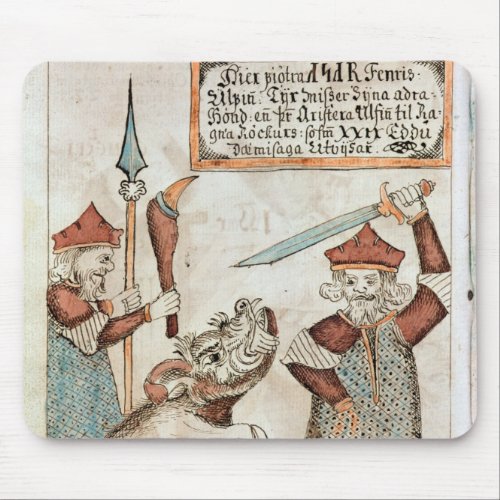 Norse god Tyr losing his hand to the bound wolf Mouse Pad