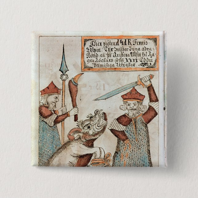 Norse god Tyr losing his hand to the bound wolf Pinback Button (Front)