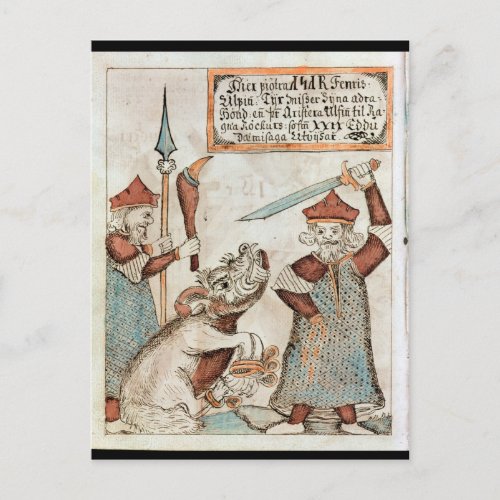 Norse god Tyr losing his hand to the bound wolf Postcard