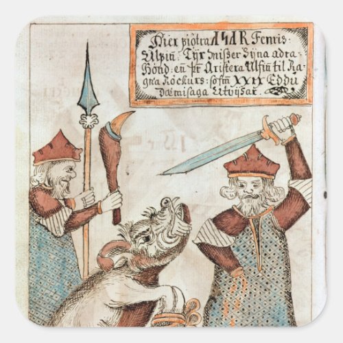 Norse god Tyr losing his hand to the bound wolf Square Sticker