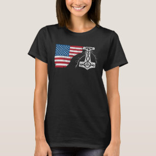 Norse Mythology Thor Hammer USA Flag Vintage Vikin T-Shirt