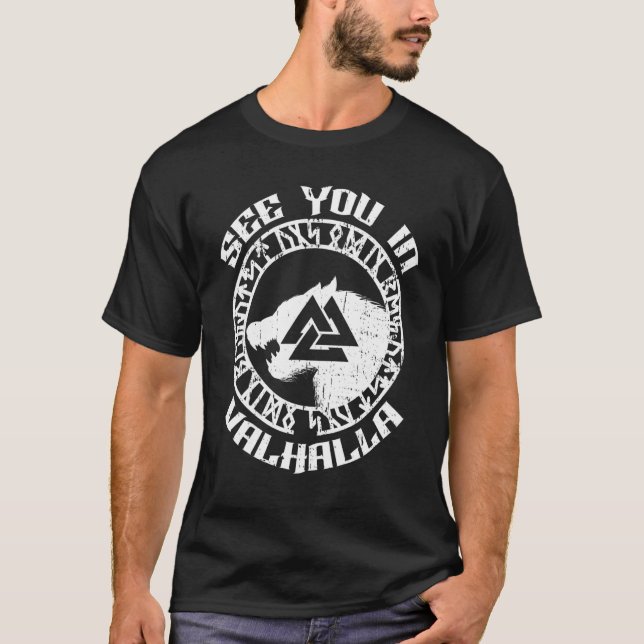 Norse Mythology Wolf See You In Valhalla Rune Circ T-Shirt (Front)