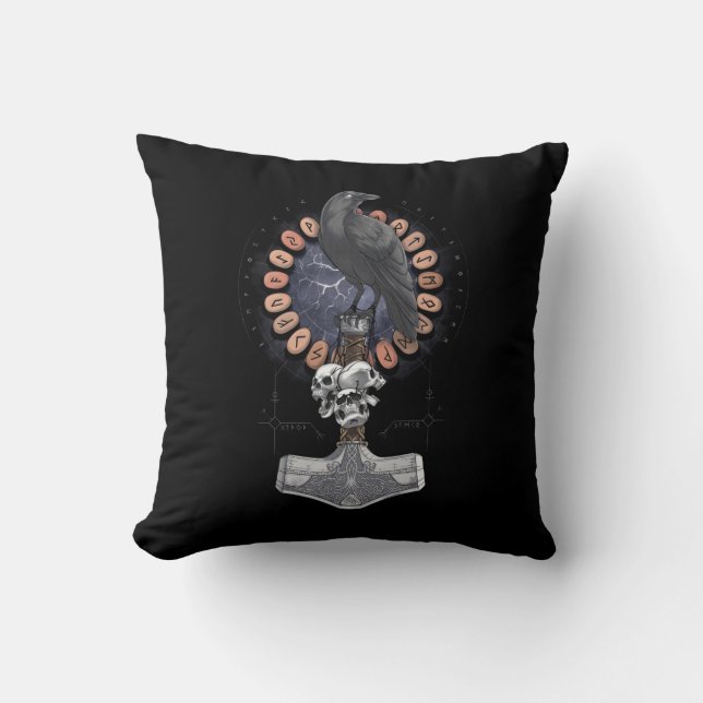 Norse Viking Raven Hammer Throw Pillow (Front)