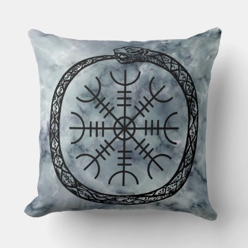 Norse World Serpent With Helm Of Awe Over Marble Throw Pillow