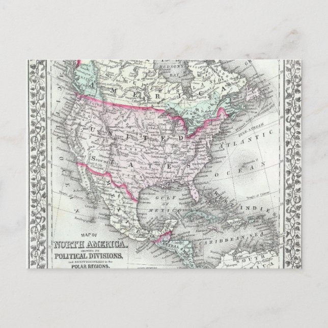 North America and the United States Antique Map Postcard (Front)