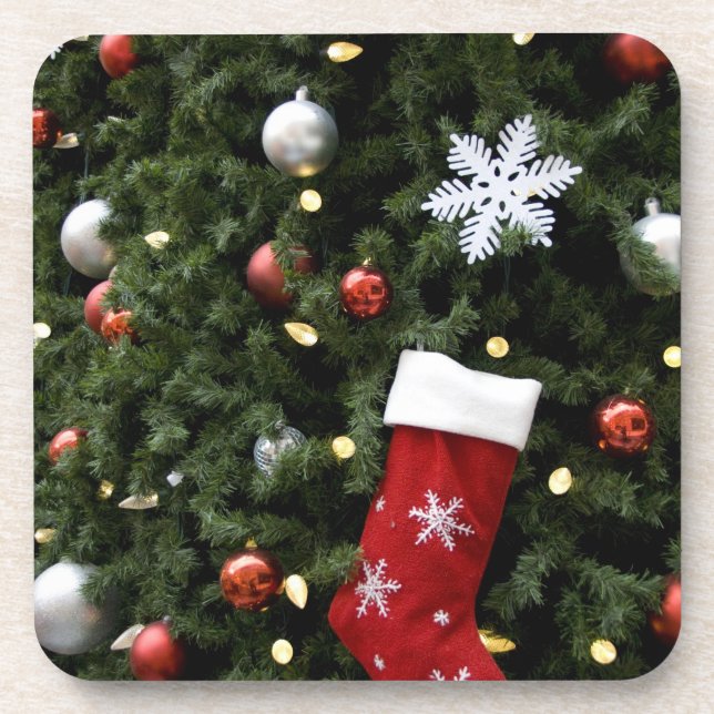 North America. Christmas decorations on tree. 5 Beverage Coaster (Front)