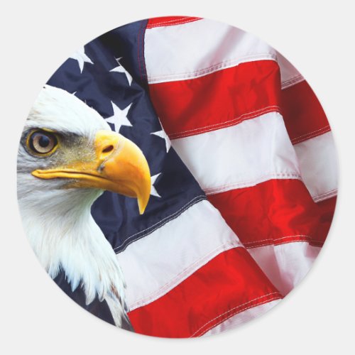 North American Bald Eagle on American flag Classic Round Sticker