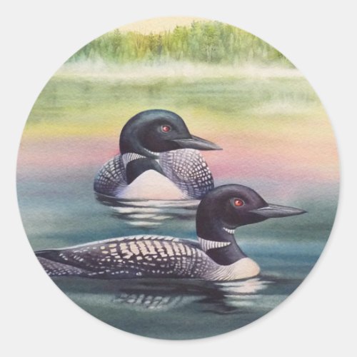 North American Loons on Lake Watercolor Art Classic Round Sticker