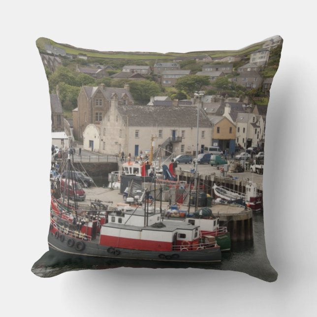 North Atlantic waterfront port of Stromness Throw Pillow (Front)