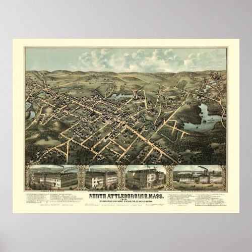 North Attleboro MA Panoramic Map _ 1878 Poster