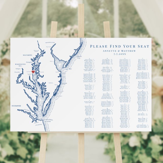 North Beach Alphabetized Wedding Seating 200 guest Foam Board (North Beach Maryland Wedding 200 guest alphabetized seating chart with elegant navy blue map )
