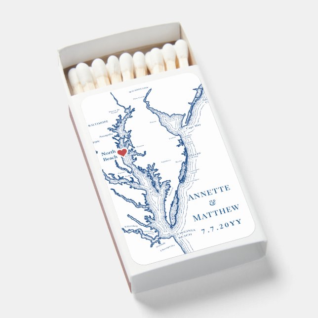 North Beach MD Map Elegant Navy Blue Wedding  Matchboxes (Front Open)