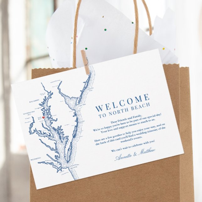 North Beach MD Wedding Welcome and Itinerary Thank You Card (Welcome To North Beach Maryland Wedding Itinerary and Weekend Events Letter in elegant navy blue)