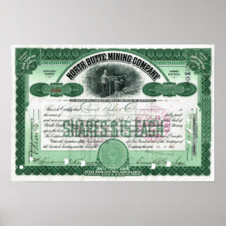 North Butte Mining Company Stock Certificate Poste Poster