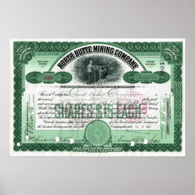 North Butte Mining Company Stock Certificate Poste Poster (Front)