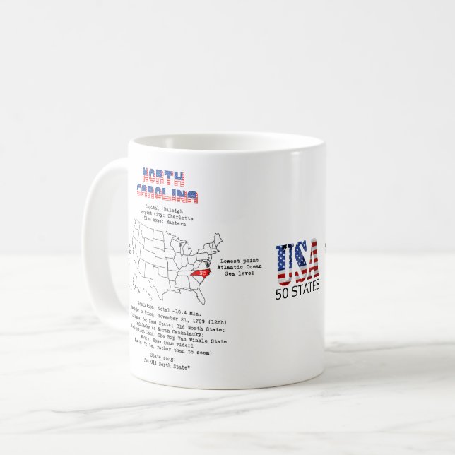 North Carolina American state on a map and details Coffee Mug (Front Left)