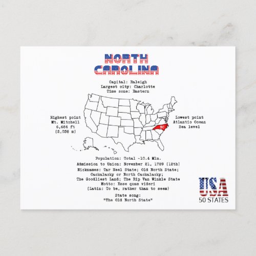 North Carolina American state on a map and details Holiday Postcard